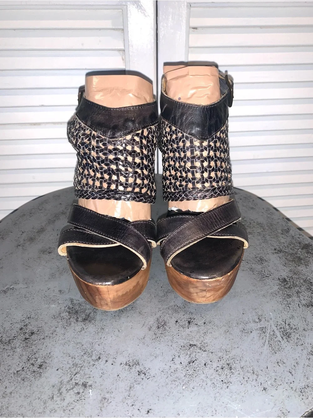 Bed Stu Petra Black Woven Leather Platform Wedge Sandals Boho Wood Heel 7